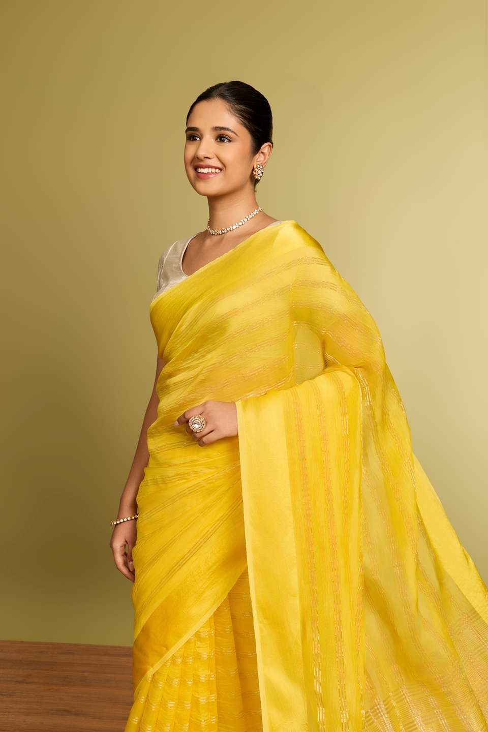 Yellow Viscose Organza Woven Saree
