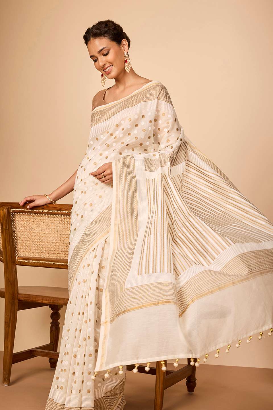 Off White Rajasthan Block Printed Pure Silk Cotton Saree