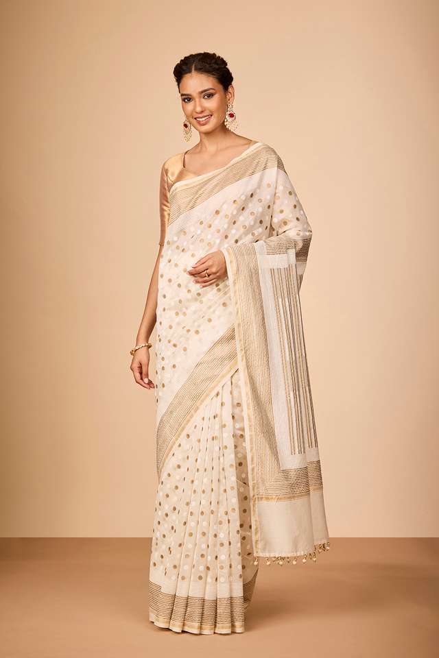 Off White Rajasthan Block Printed Pure Silk Cotton Saree thumbnail image number null