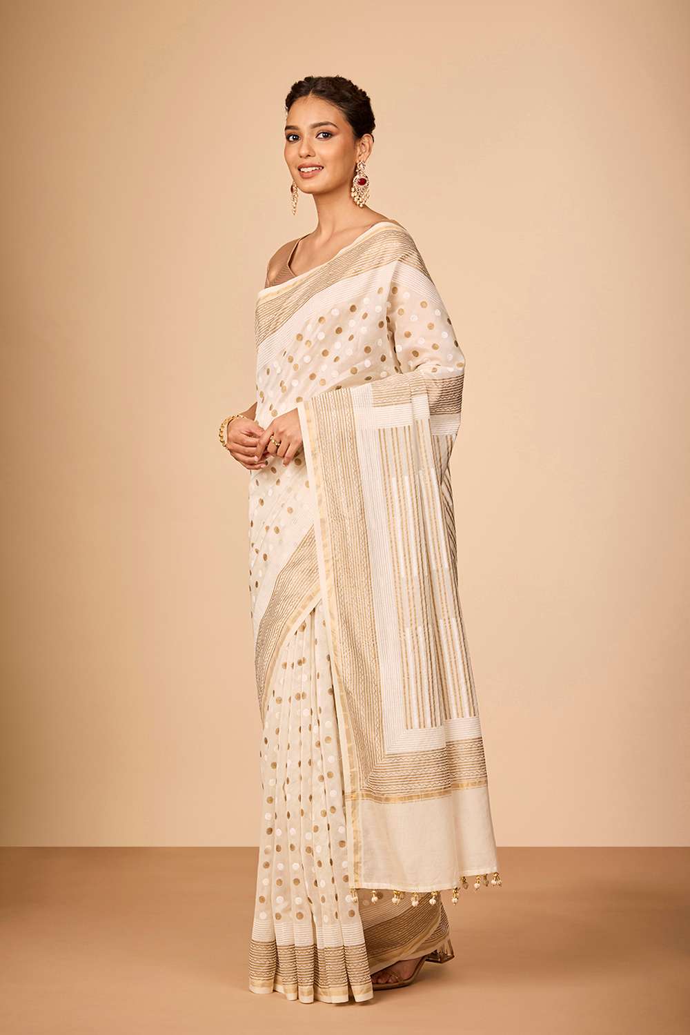 Off White Rajasthan Block Printed Pure Silk Cotton Saree image number null