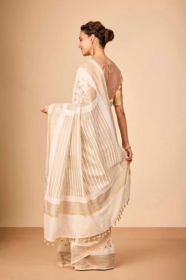 Off White Rajasthan Block Printed Pure Silk Cotton Saree thumbnail image number null
