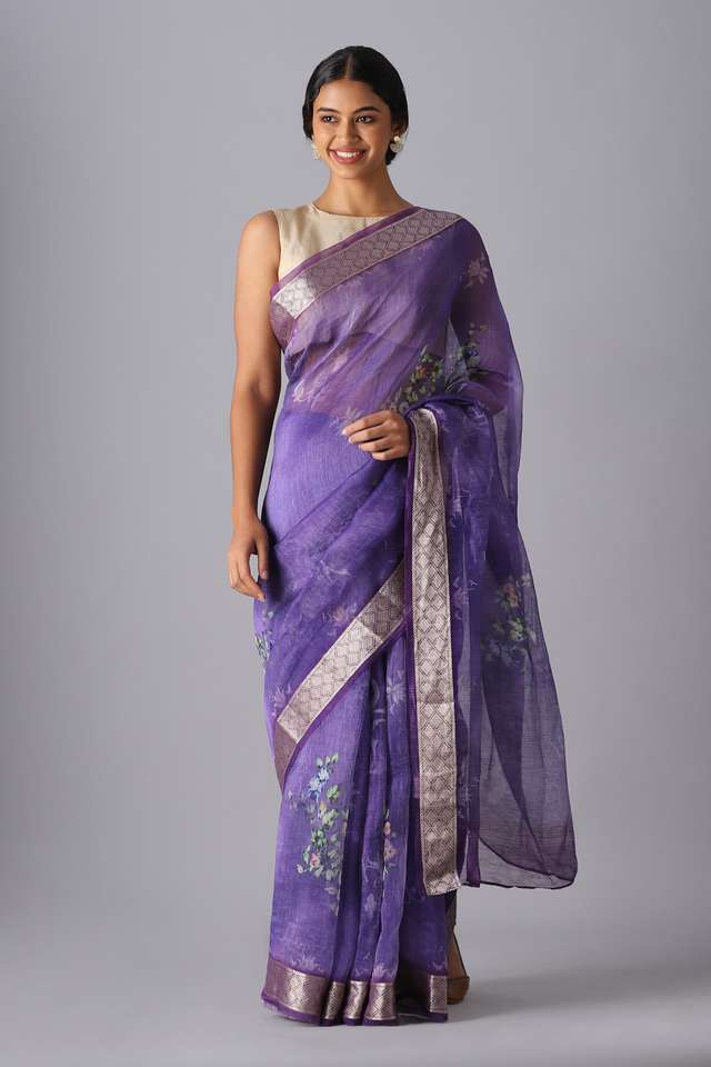 Purple Pure Silk Linen Digital Printed Saree image number