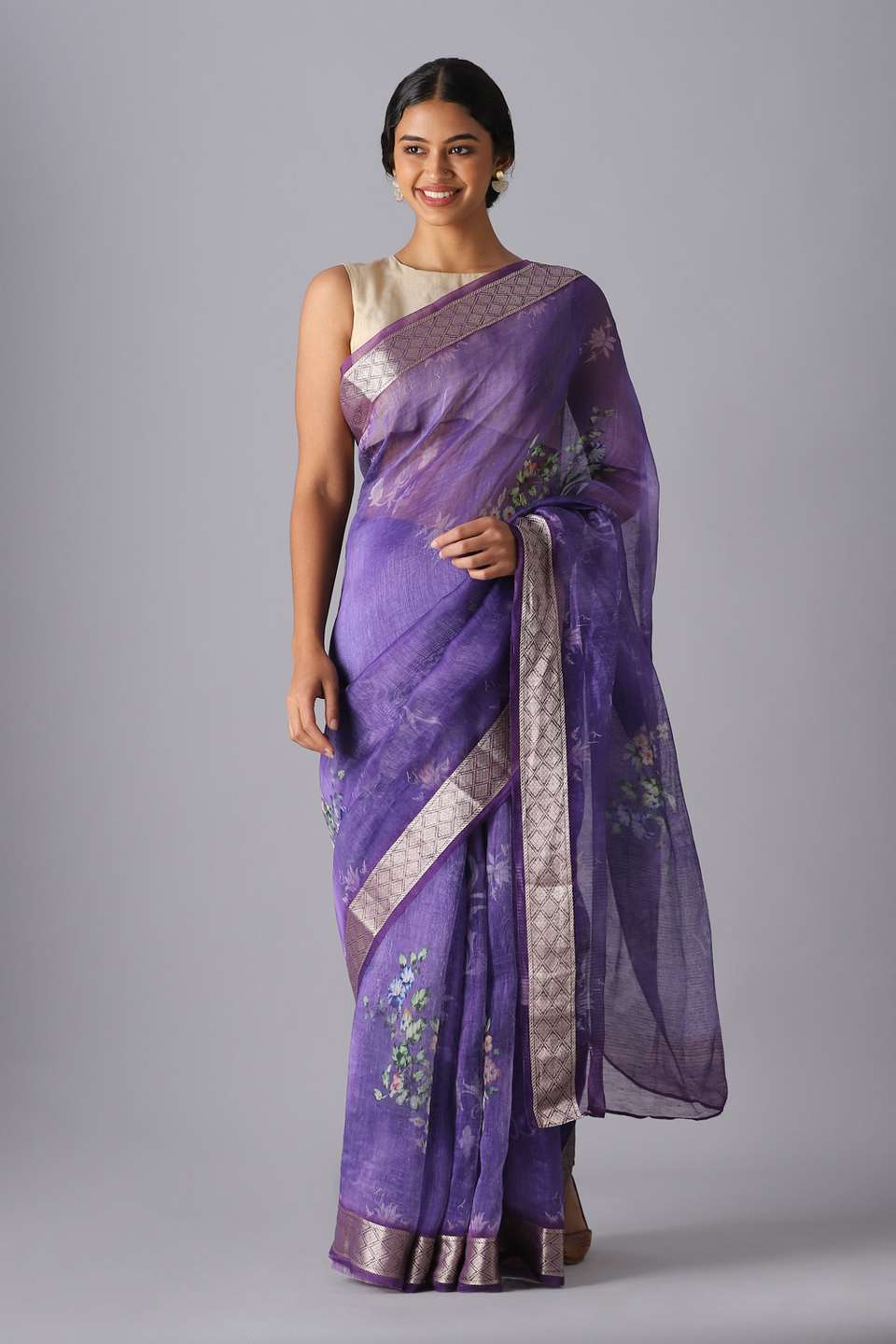 Purple Pure Silk Linen Digital Printed Saree