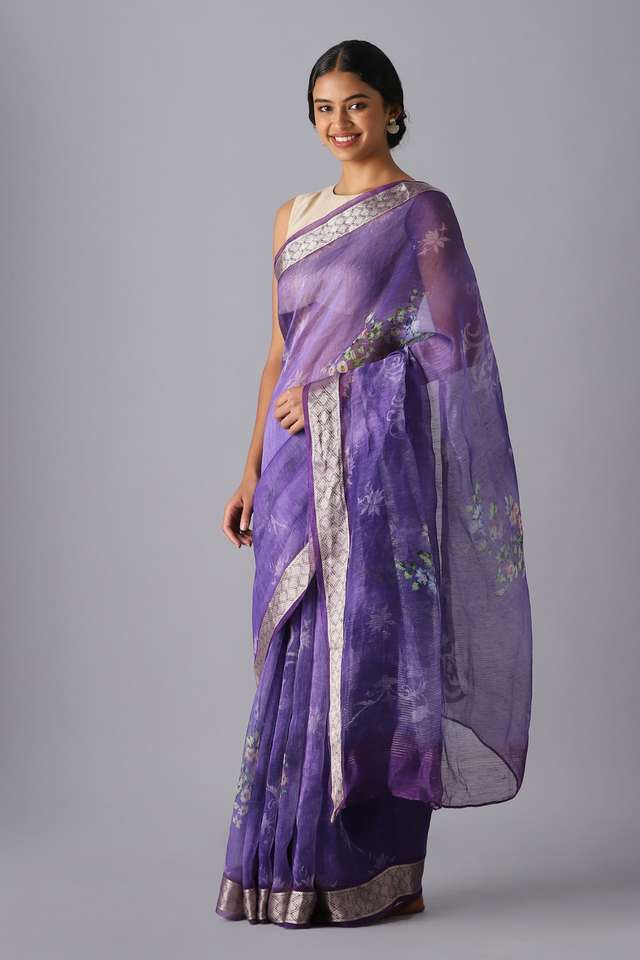 Purple Pure Silk Linen Digital Printed Saree thumbnail image number null