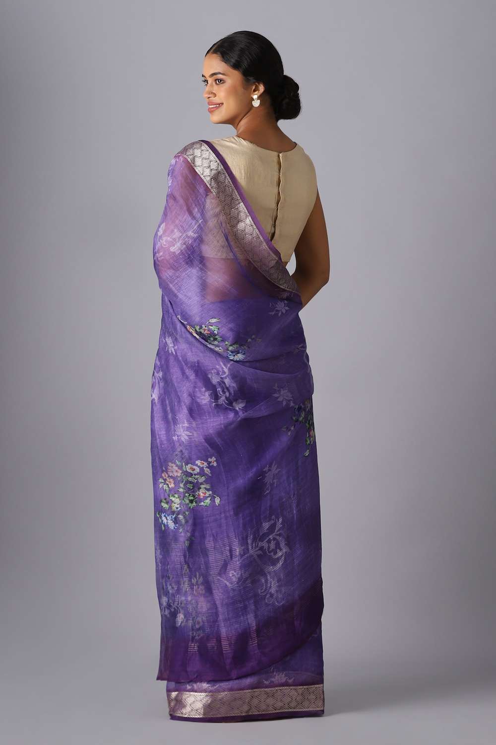 Purple Pure Silk Linen Digital Printed Saree image number null