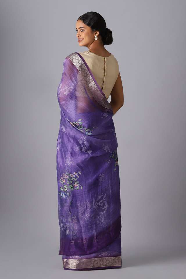 Purple Pure Silk Linen Digital Printed Saree thumbnail image number null