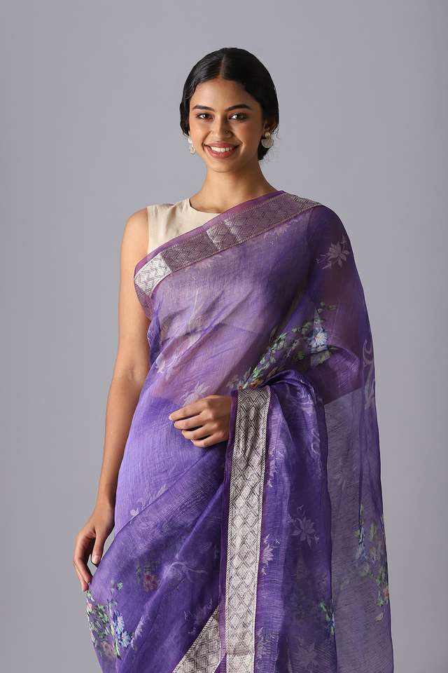 Purple Pure Silk Linen Digital Printed Saree thumbnail image number null