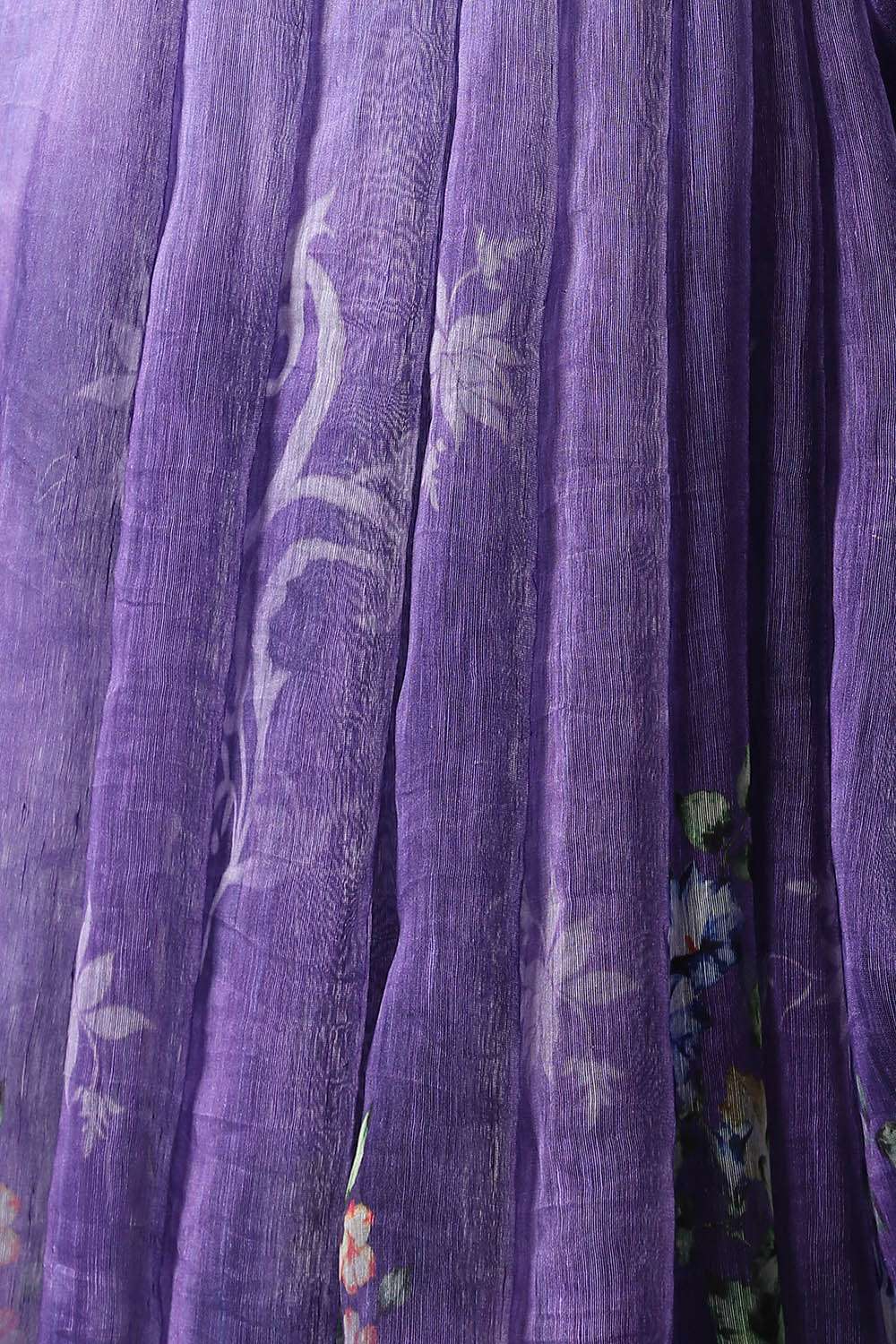 Purple Pure Silk Linen Digital Printed Saree image number null