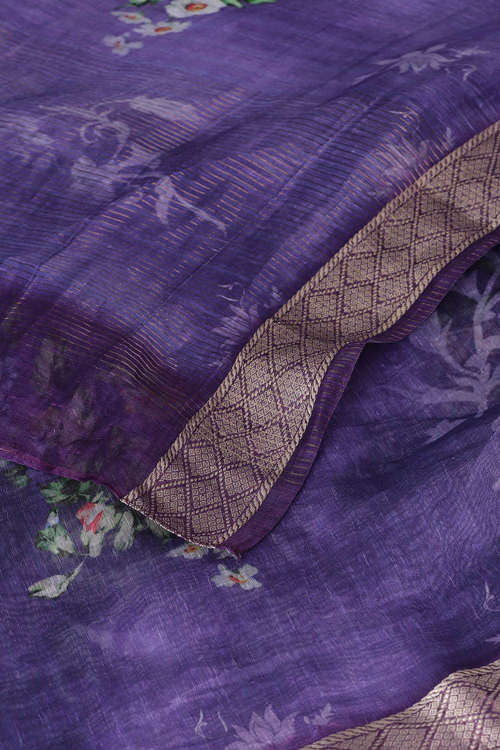 Purple Pure Silk Linen Digital Printed Saree image number null