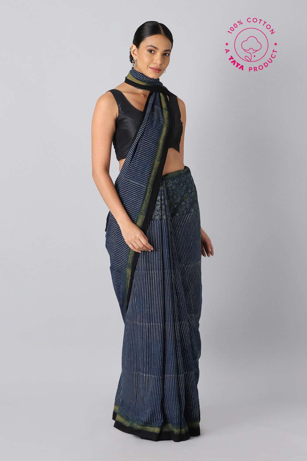 Blue Pure Cotton Ajrakh Printed Saree image number null