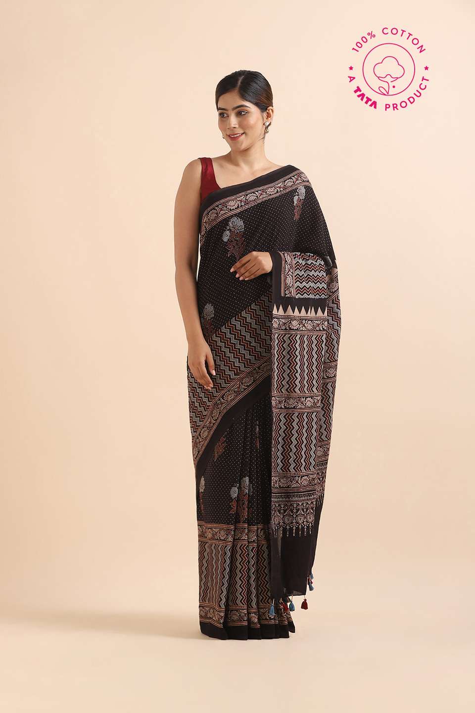 Black Pure Cotton Ajrakh Printed Saree