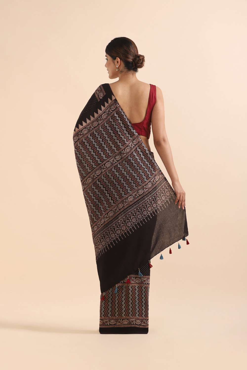 Black Pure Cotton Ajrakh Printed Saree image number null