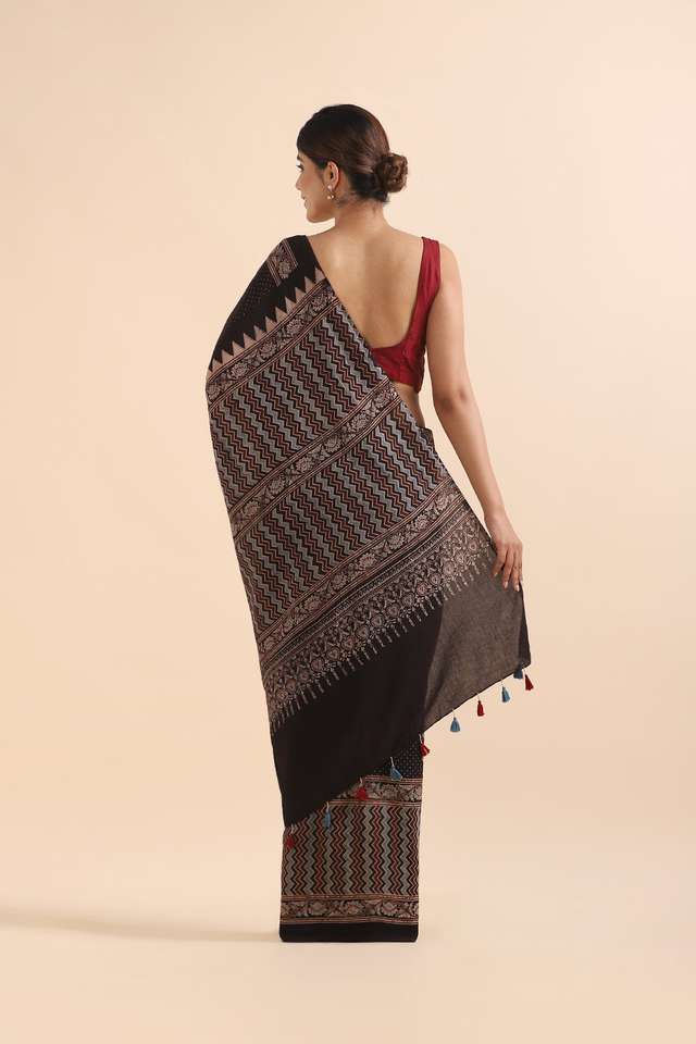 Black Pure Cotton Ajrakh Printed Saree thumbnail image number null