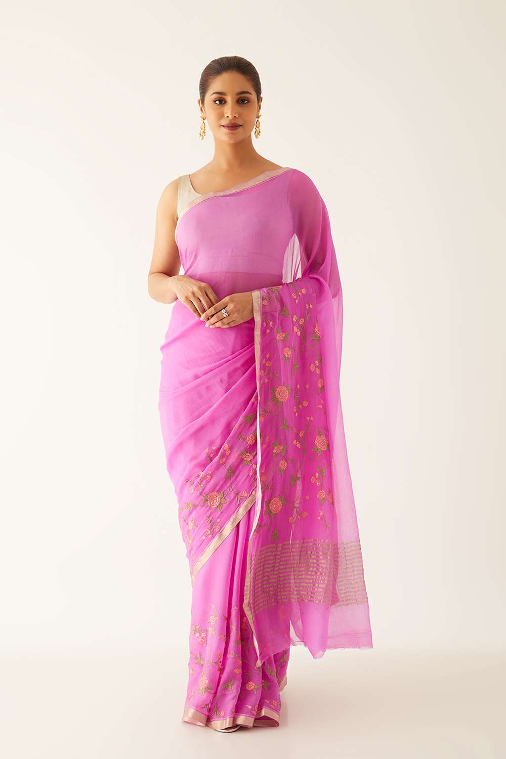 Pink Pure Chiffon Embroidered Saree image number null