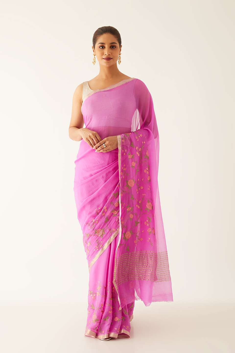 Pink Pure Chiffon Embroidered Saree