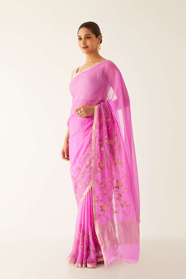 Pink Pure Chiffon Embroidered Saree thumbnail image number null