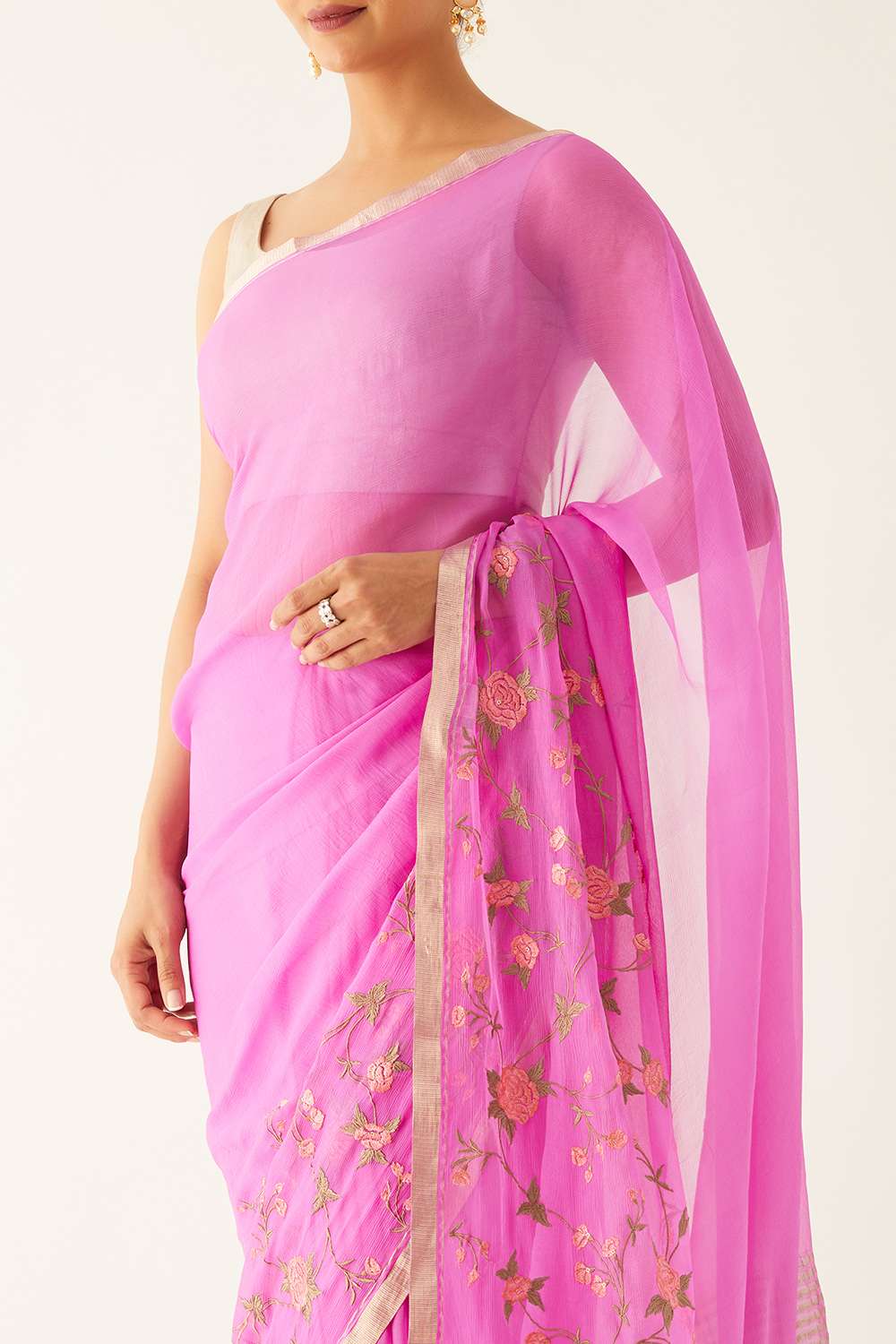 Pink Pure Chiffon Embroidered Saree image number null