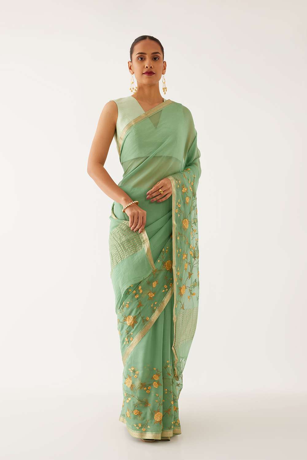 Light Green Pure Chiffon Embroidered Saree image number null