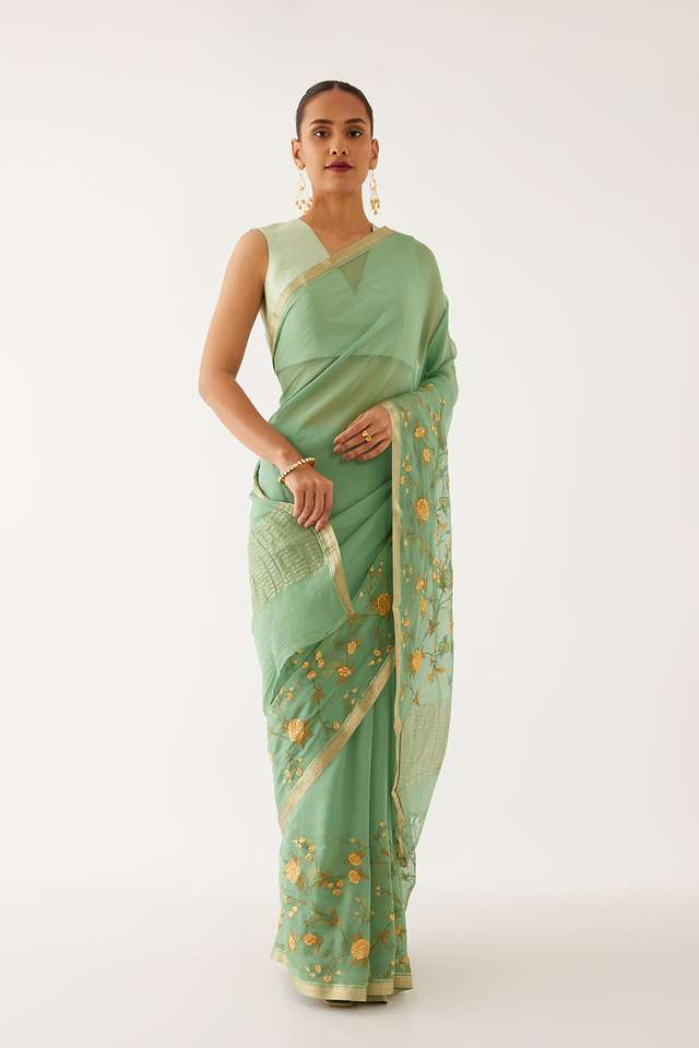 Light Green Pure Chiffon Embroidered Saree image number