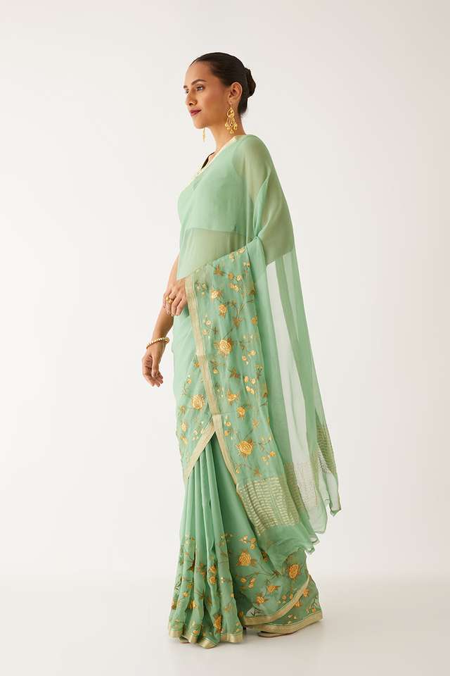 Light Green Pure Chiffon Embroidered Saree thumbnail image number null