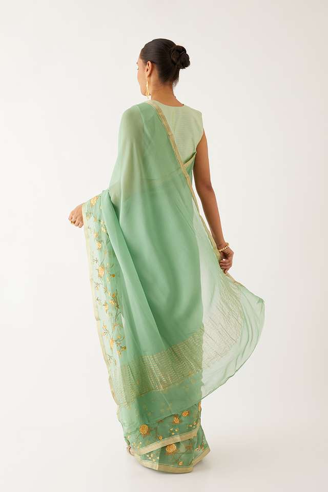 Light Green Pure Chiffon Embroidered Saree thumbnail image number null