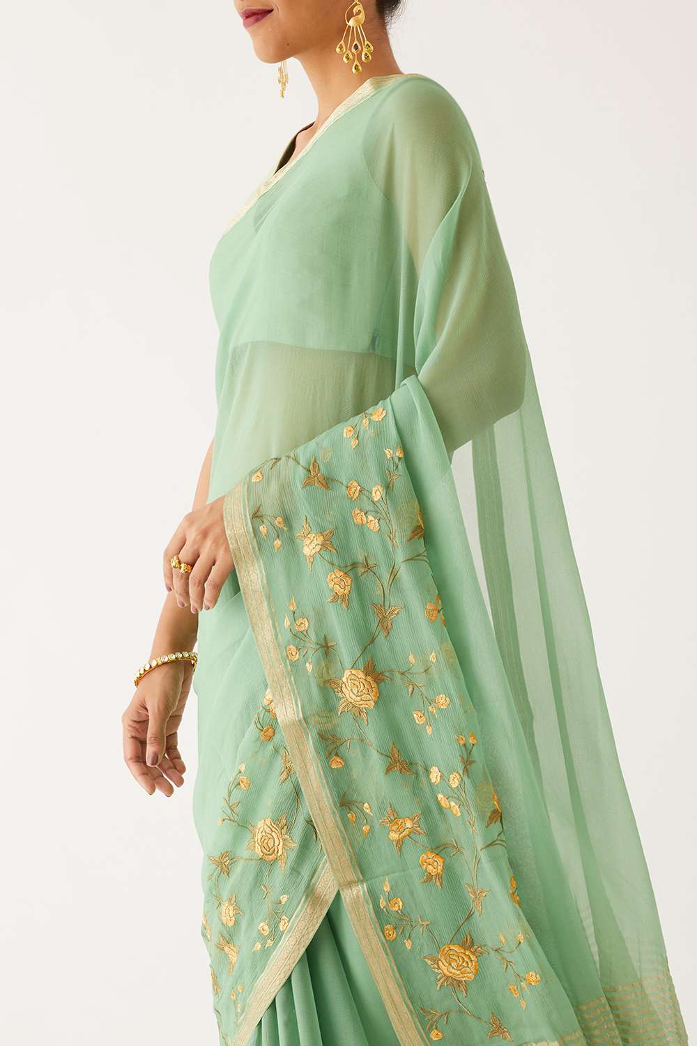 Light Green Pure Chiffon Embroidered Saree image number null