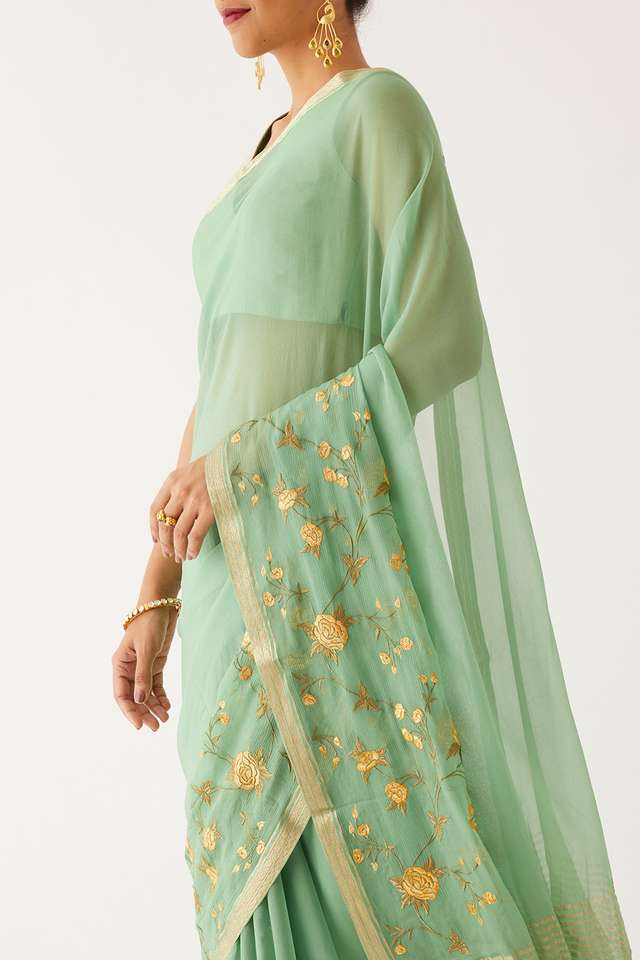 Light Green Pure Chiffon Embroidered Saree thumbnail image number null