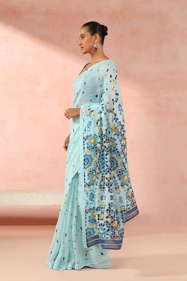 Blue Pure Silk Cotton Digital Printed Saree thumbnail image number null