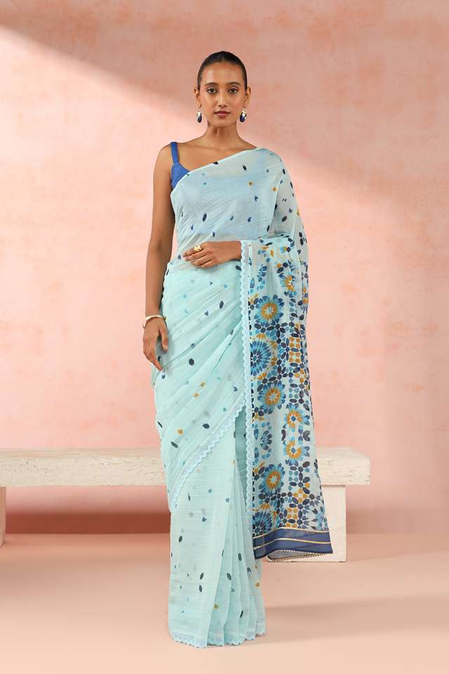 Blue Pure Silk Cotton Digital Printed Saree thumbnail image number null
