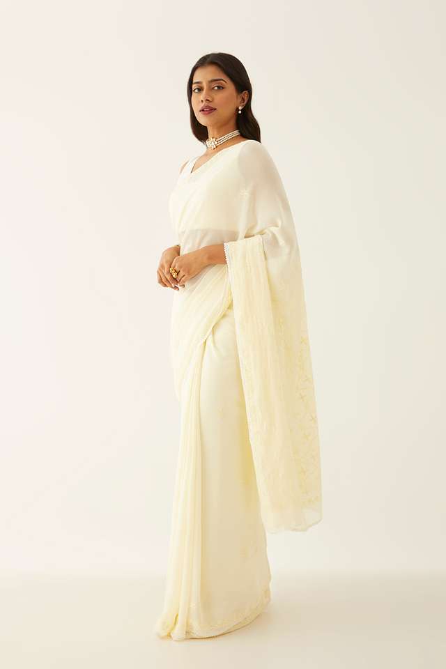 Light Yellow Pure Silk Georgette Lucknow Chikankari Saree image number
