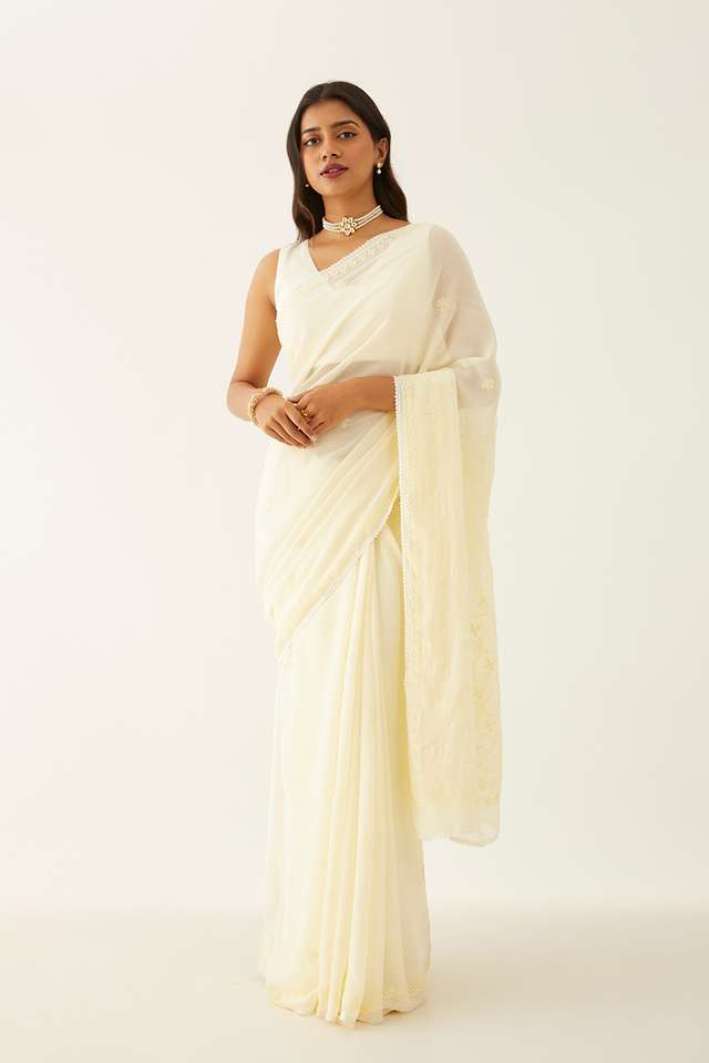 Light Yellow Pure Silk Georgette Lucknow Chikankari Saree thumbnail image number null