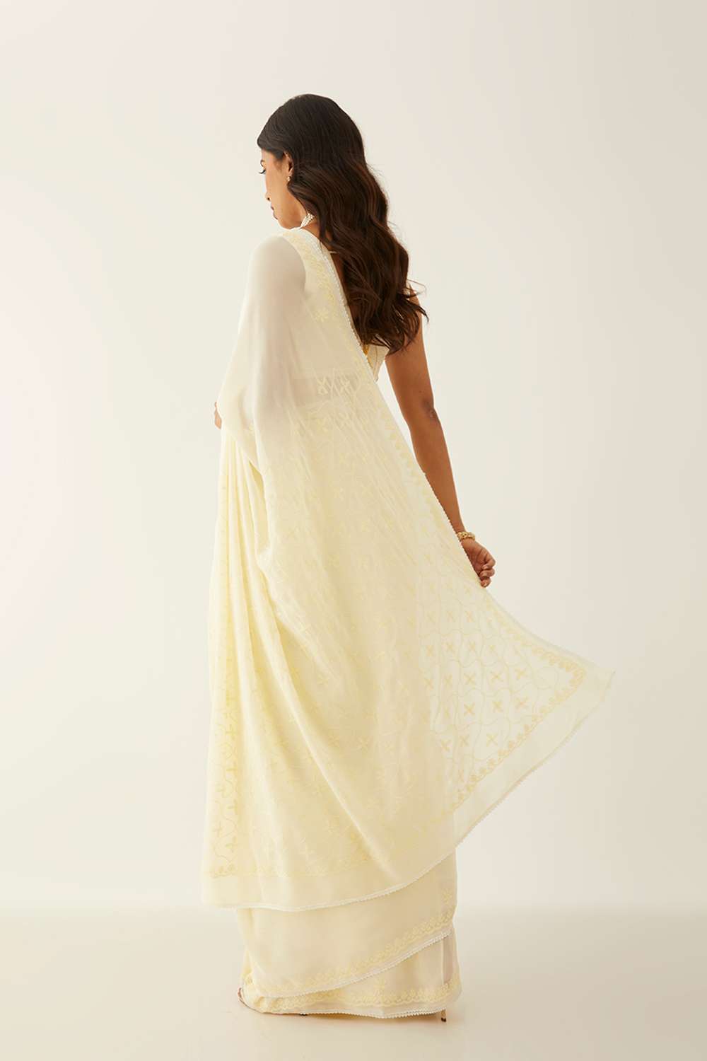 Light Yellow Pure Silk Georgette Lucknow Chikankari Saree image number null