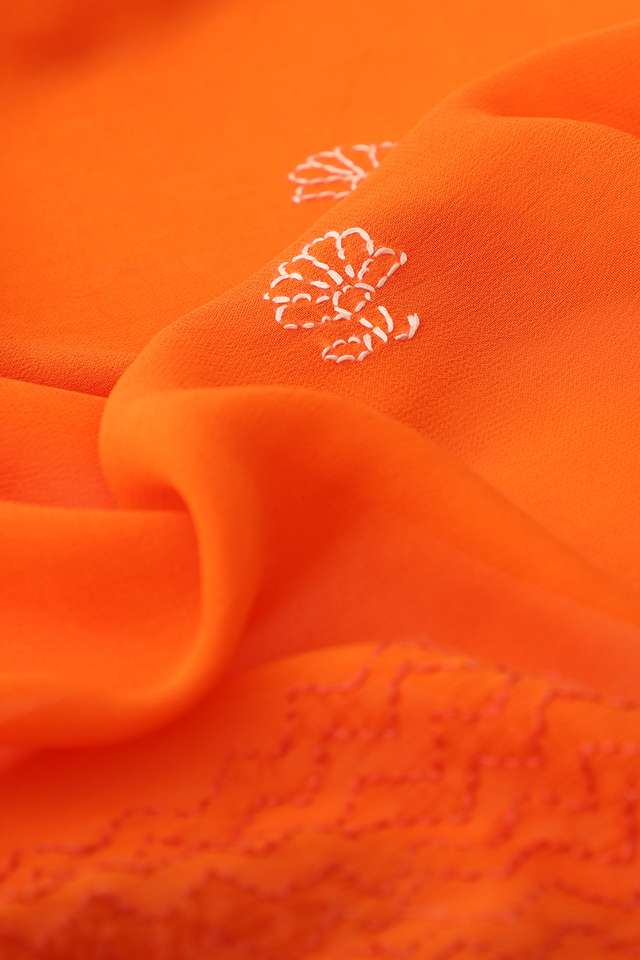 Orange Pure Silk Georgette Lucknow Chikankari Saree image number