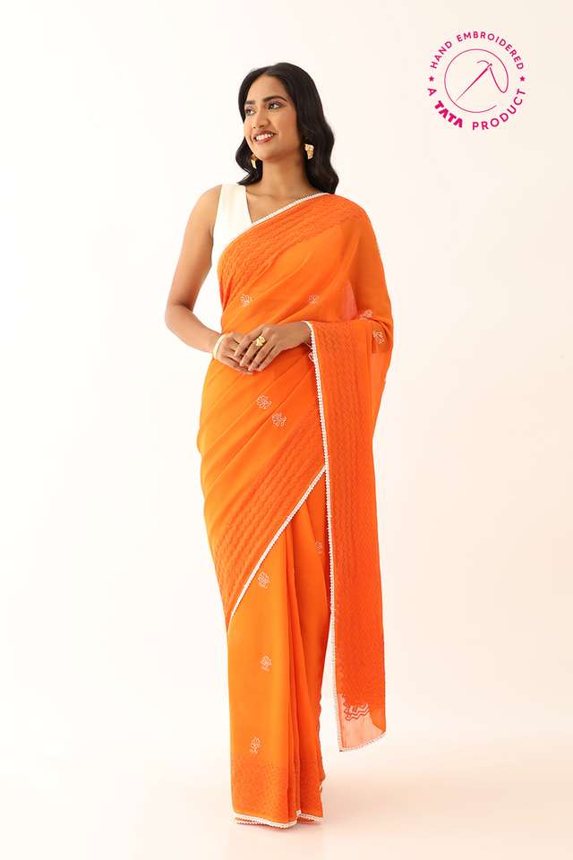 Orange Pure Silk Georgette Lucknow Chikankari Saree thumbnail image number null