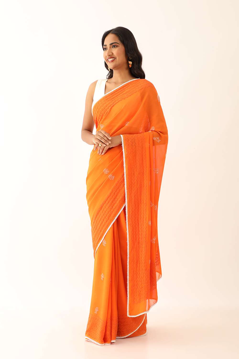 Orange Pure Silk Georgette Lucknow Chikankari Saree image number null