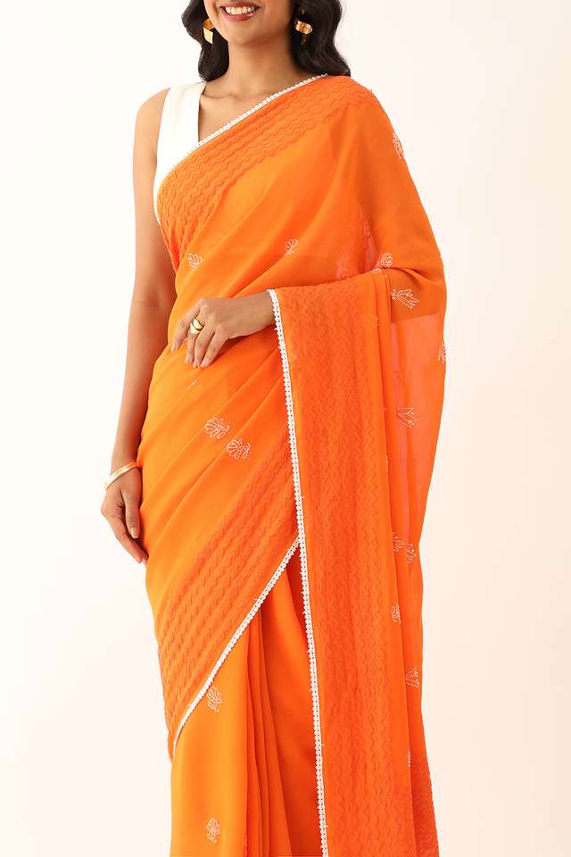Orange Pure Silk Georgette Lucknow Chikankari Saree thumbnail image number null