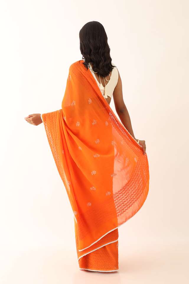 Orange Pure Silk Georgette Lucknow Chikankari Saree thumbnail image number null