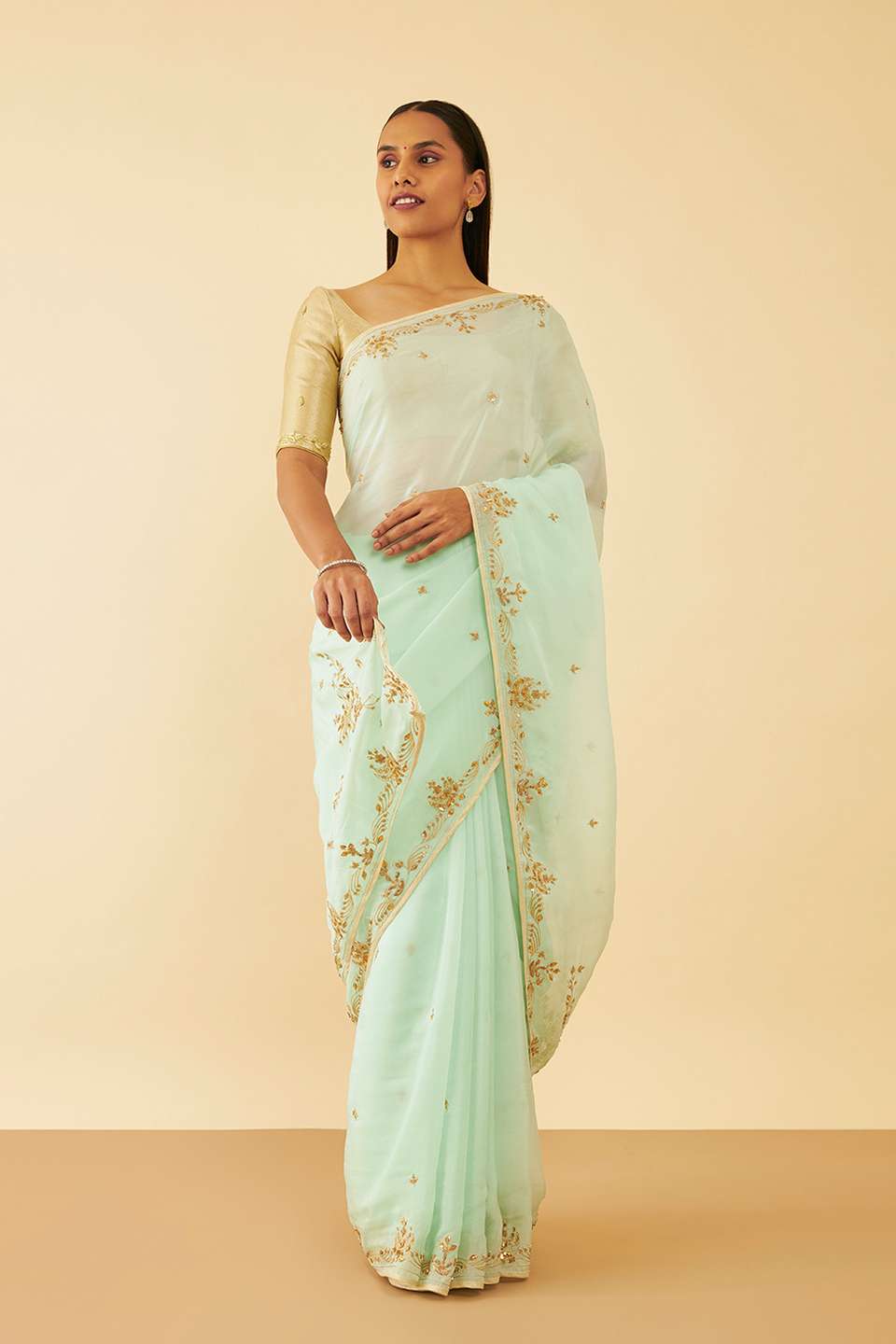 Light Green Rajasthan Viscose Organza Gota Patti Saree