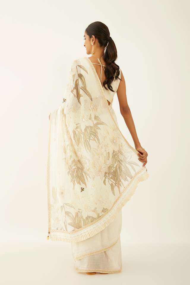 Off White Pure Silk Cotton Digital Printed Saree thumbnail image number null