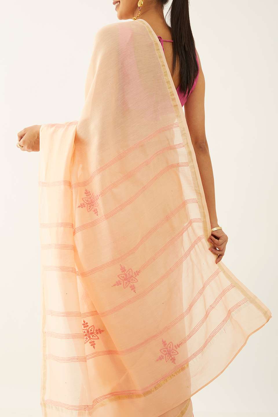 Orange Pure Silk Cotton Chikankari Embroidery Saree