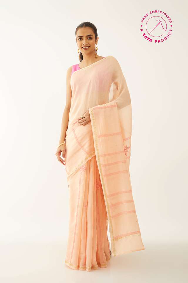 Orange Pure Silk Cotton Chikankari Embroidery Saree thumbnail image number null