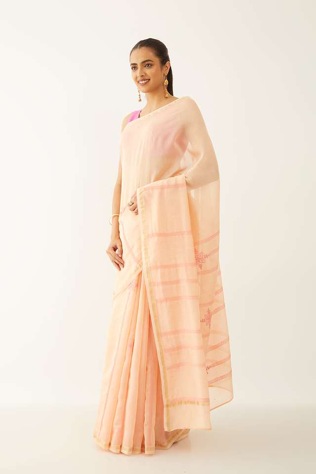 Orange Pure Silk Cotton Chikankari Embroidery Saree thumbnail image number null