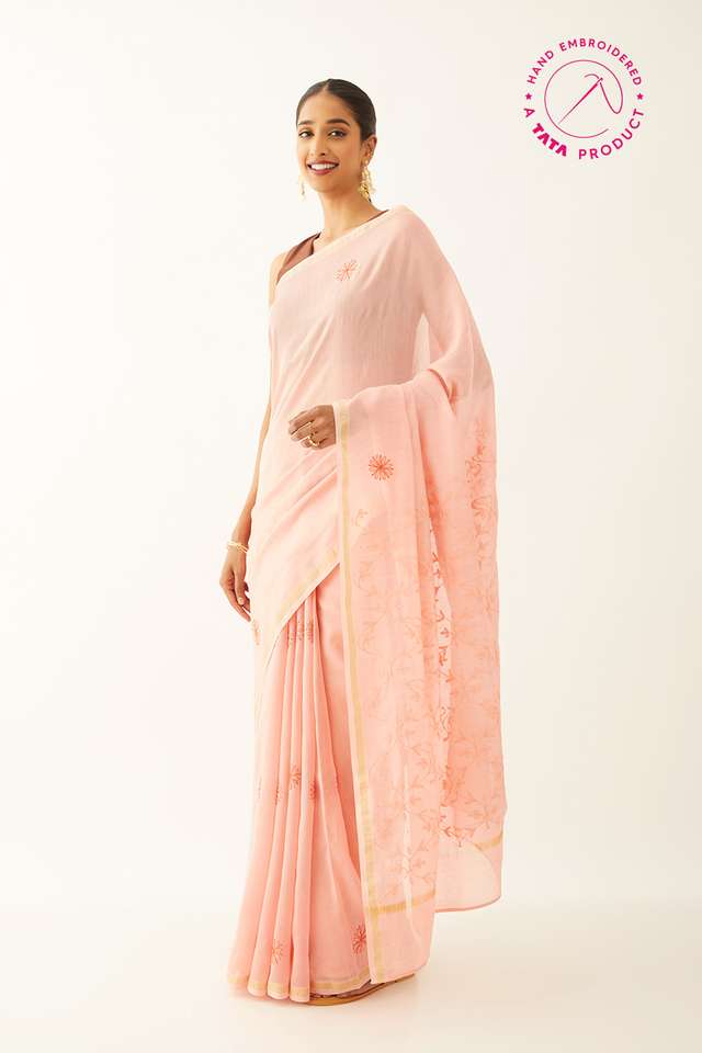 Light Pink Pure Silk Cotton Chikankari Saree image number