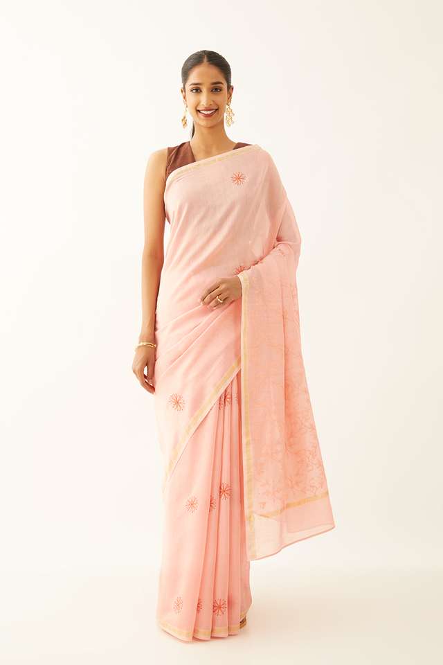 Light Pink Pure Silk Cotton Chikankari Saree thumbnail image number null