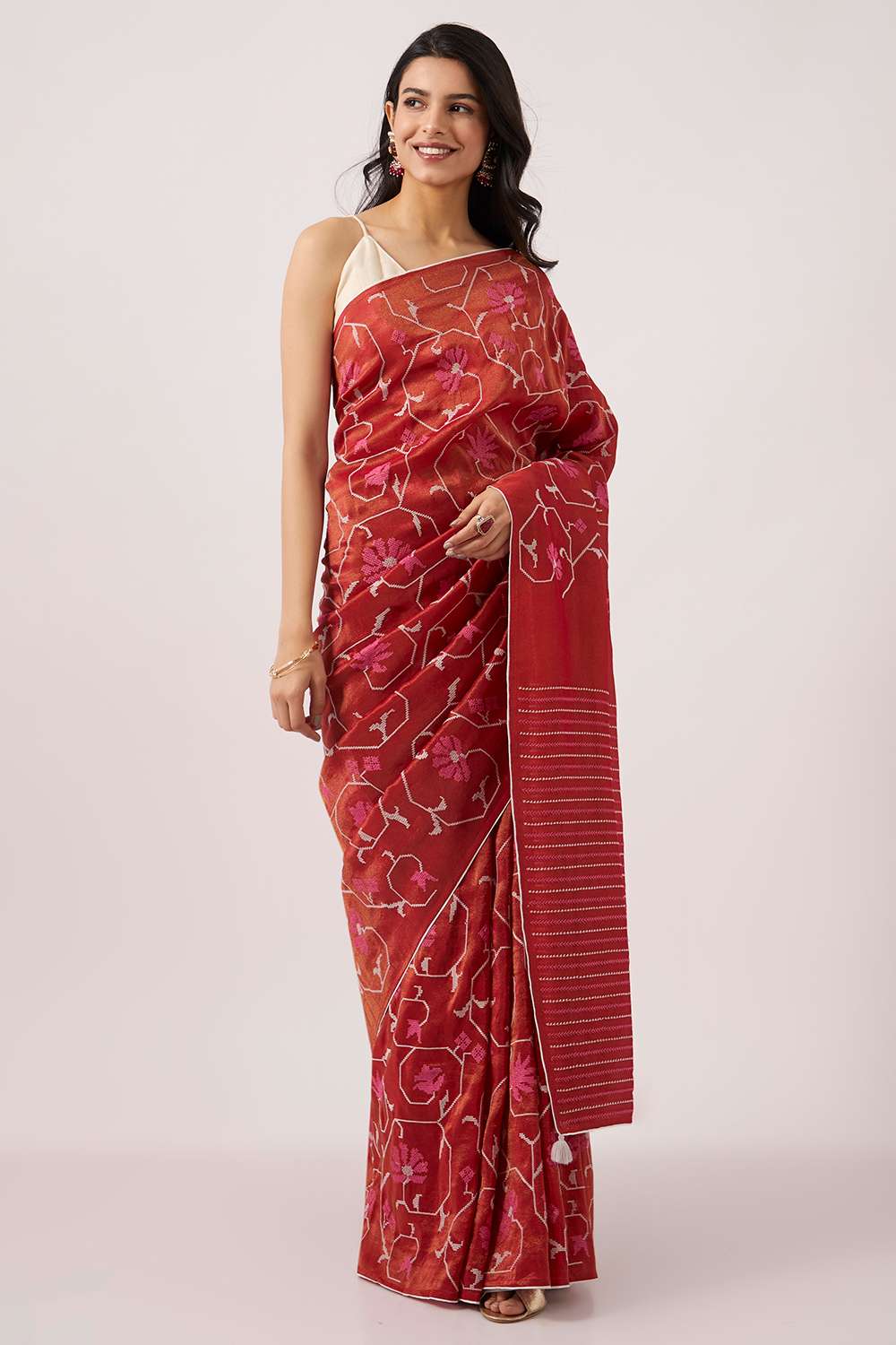 Red Pure Tissue Organza Embroidery Saree image number null
