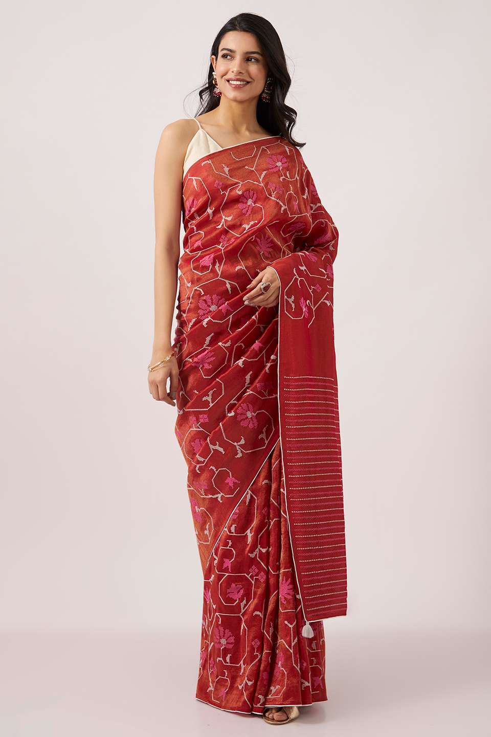 Red Pure Tissue Organza Embroidery Saree