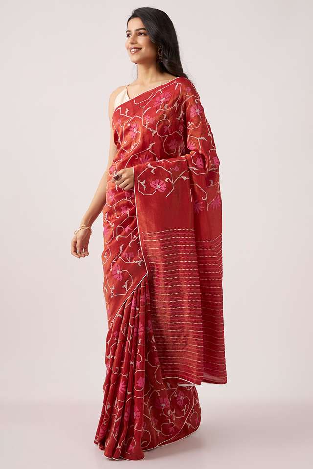 Red Pure Tissue Organza Embroidery Saree thumbnail image number null