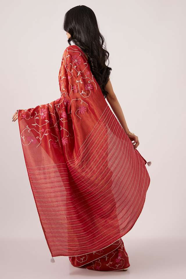 Red Pure Tissue Organza Embroidery Saree thumbnail image number null