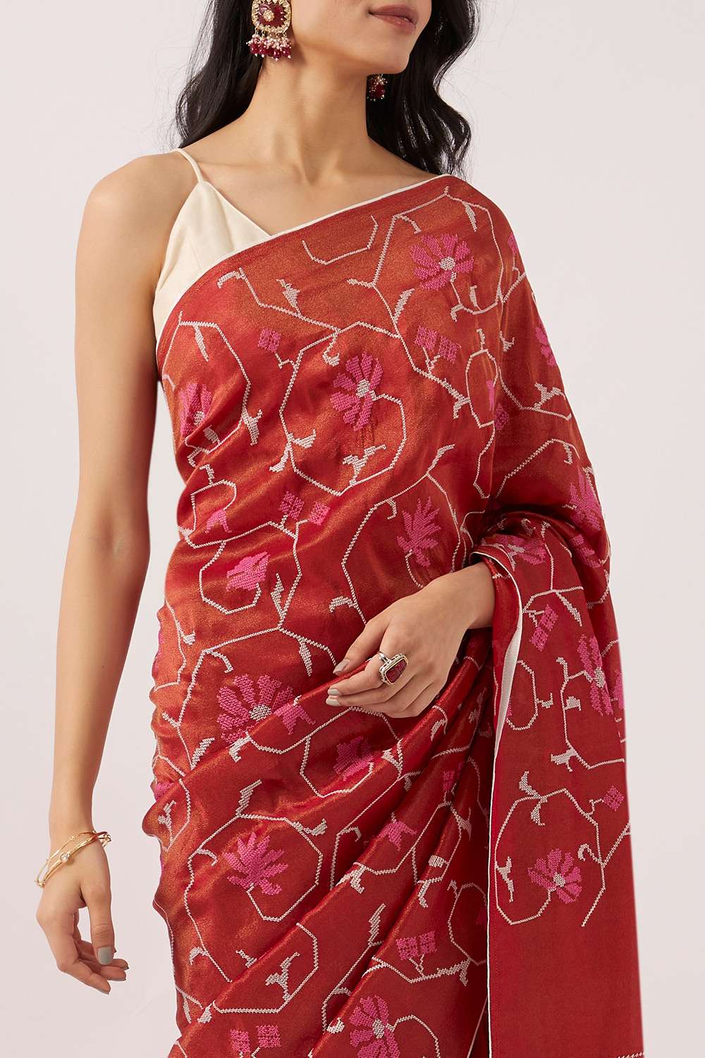 Red Pure Tissue Organza Embroidery Saree image number null