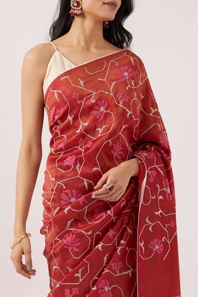 Red Pure Tissue Organza Embroidery Saree thumbnail image number null